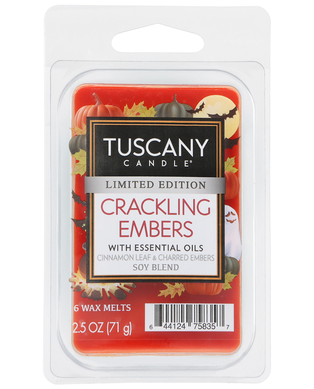 Tuscany Candle Limited Edition Crackling Embers wax melts in a clear plastic clamshell package with a white hanging tab, featuring a red and orange autumn-themed label.