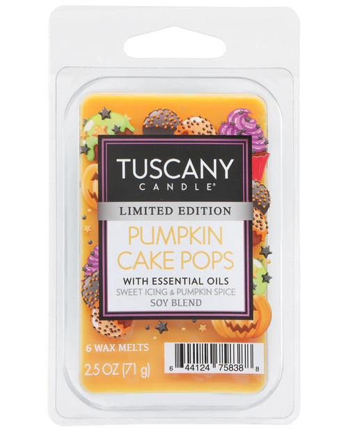 Tuscany Candle Limited Edition Pumpkin Cake Pops wax melts in a clear plastic clamshell package with a white hanging tab, featuring orange and white label artwork with pumpkin and cake illustrations.