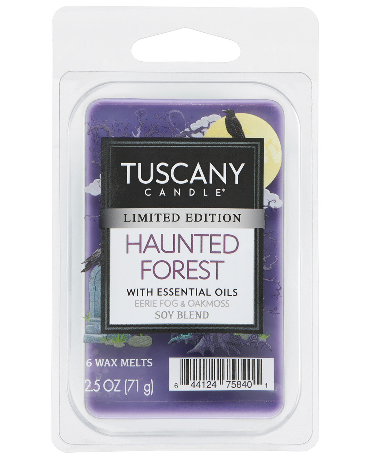 Tuscany Candle Limited Edition Haunted Forest soy wax melts in a clear plastic clamshell package with a purple and black label.