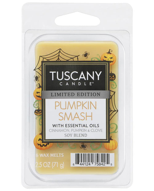 Tuscany Candle Limited Edition Pumpkin Smash wax melts in a 2.5 oz clear plastic hanger pack, featuring a yellow and white label with Halloween-themed graphics.