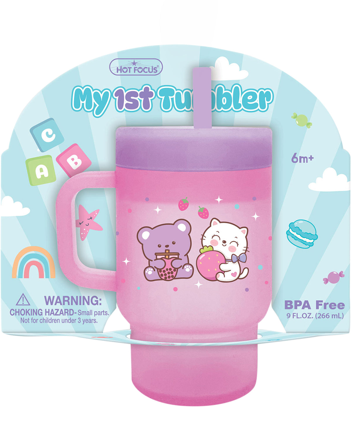 Pink tumbler with cartoon characters in packaging labeled 'My 1st Tumbler'.