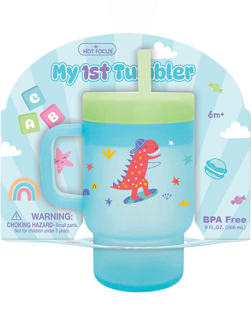 Children's tumbler with dinosaur design in packaging, featuring the brand 'Hot Focus'.