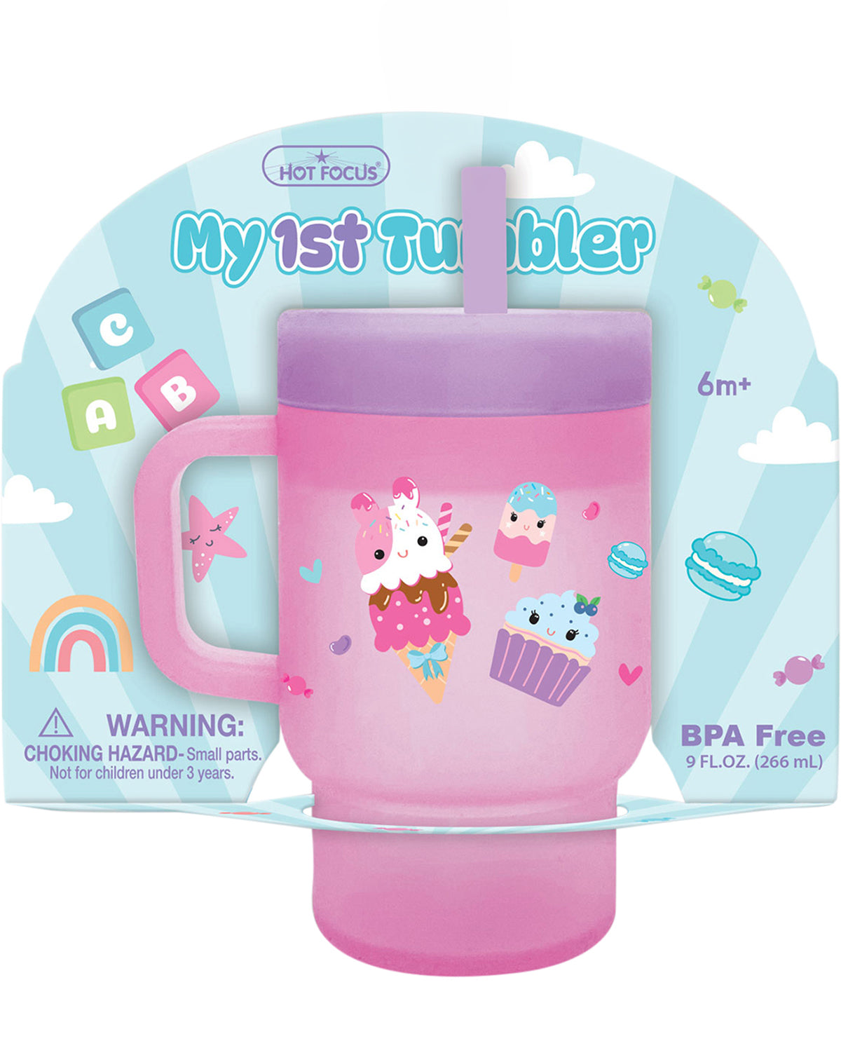 Pink tumbler with cartoon designs in packaging labeled 'My 1st Tumbler'.