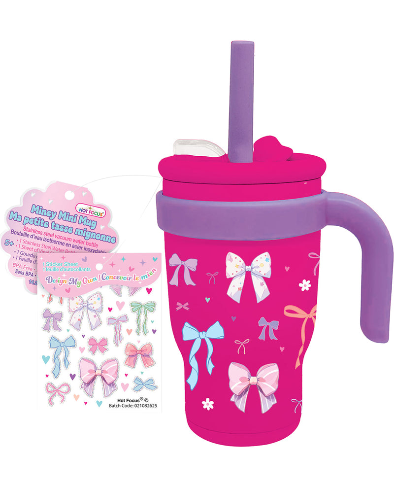 Pink tumbler with purple handle and straw, featuring bow designs, on a white background.