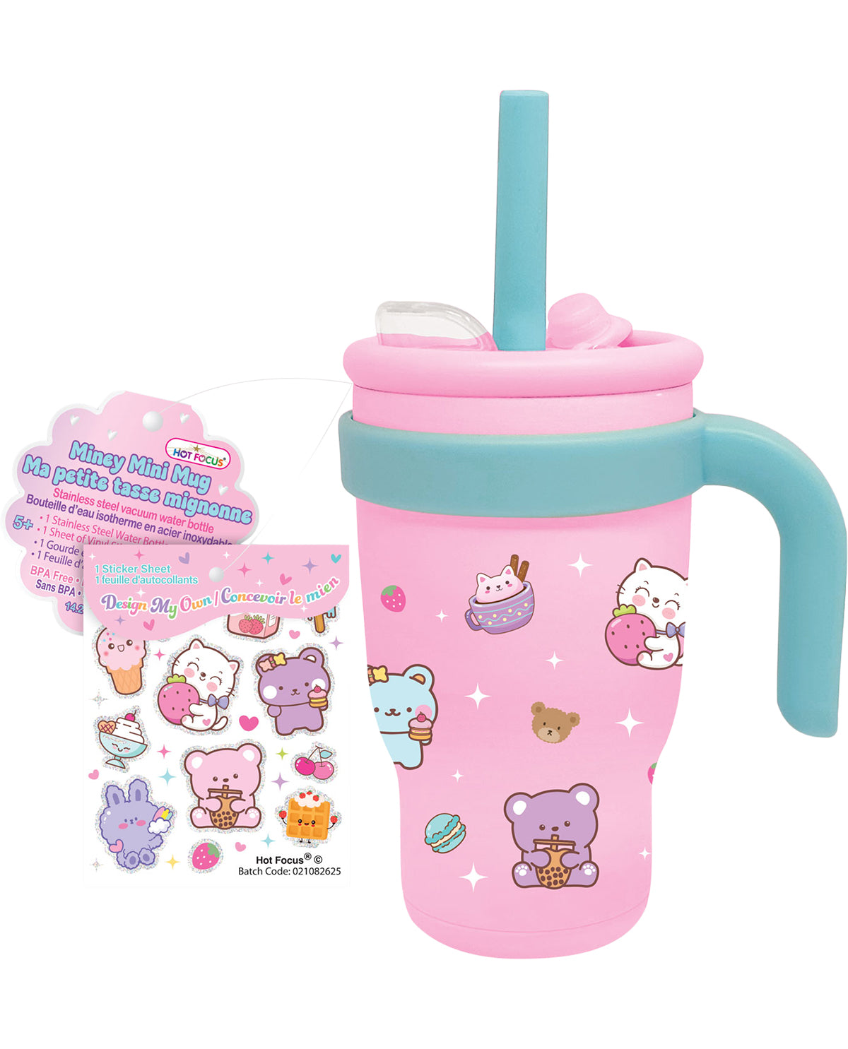 Pink tumbler with cartoon characters and a straw, accompanied by a matching pink card with illustrations.