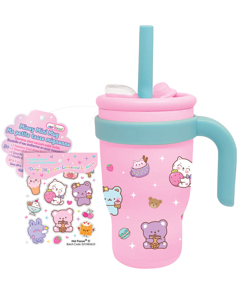 Pink tumbler with cartoon characters and a straw, accompanied by a matching pink card with illustrations.