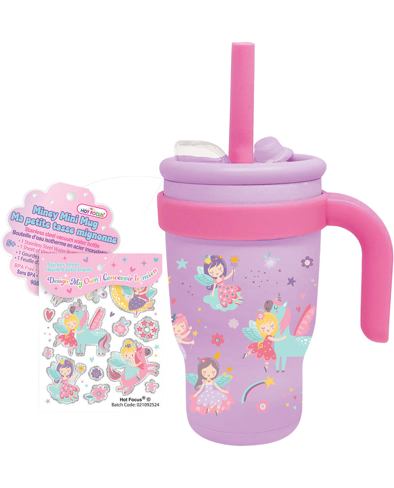 Purple tumbler with fairy design, pink handle, and straw, accompanied by a pink card with stickers on a white background.