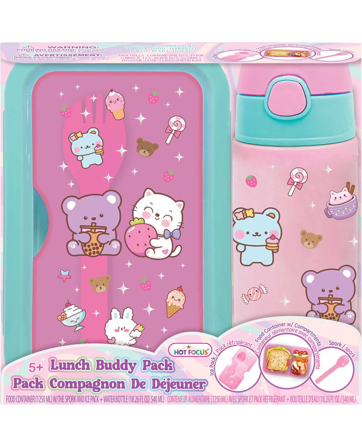 Pink lunch bag and bottle set with cartoon characters on a white background