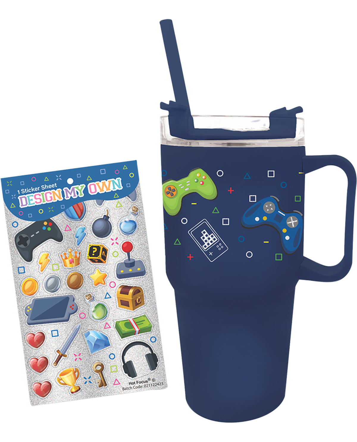 Blue mug with gaming-themed design and a pack of 'Design My Own' stickers on a white background