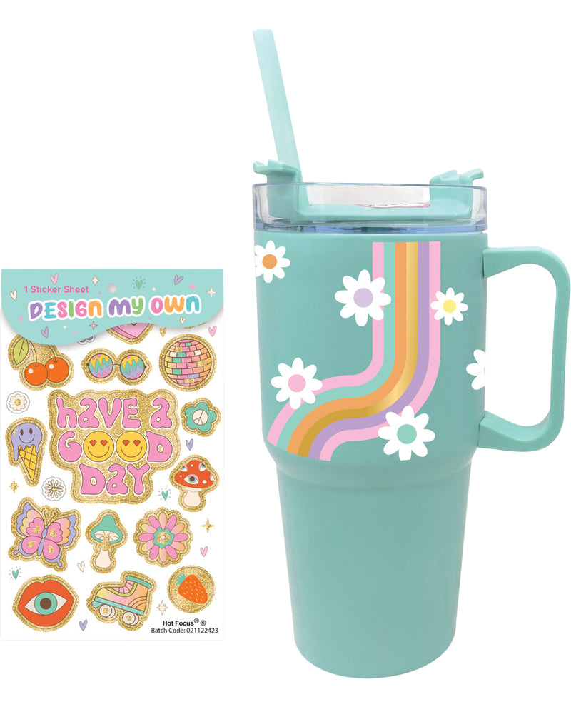 Teal tumbler with handle and straw, colorful design elements, and a sheet of stickers on a white background.