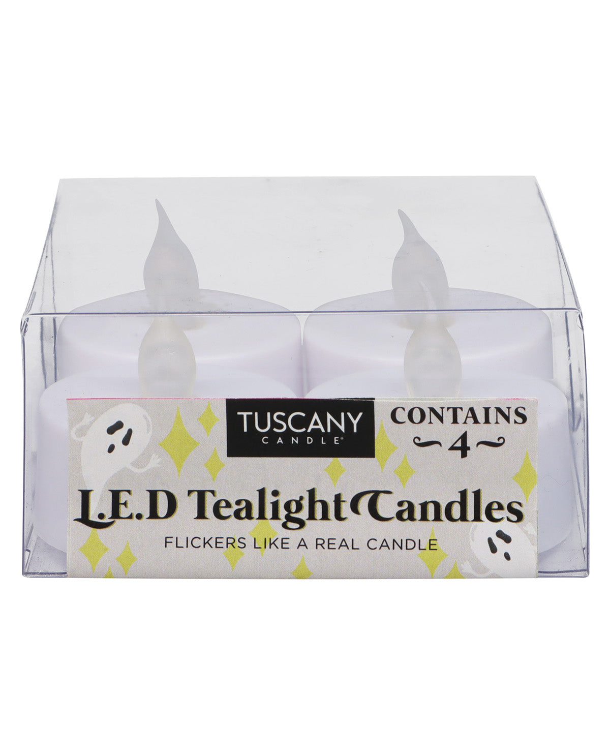 A 4-pack of Tuscany Candle L.E.D. Tealight Candles in a clear plastic clamshell box with a white and black label.