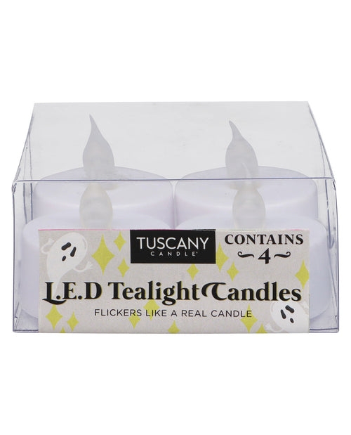 A 4-pack of Tuscany Candle L.E.D. Tealight Candles in a clear plastic clamshell box with a white and black label.