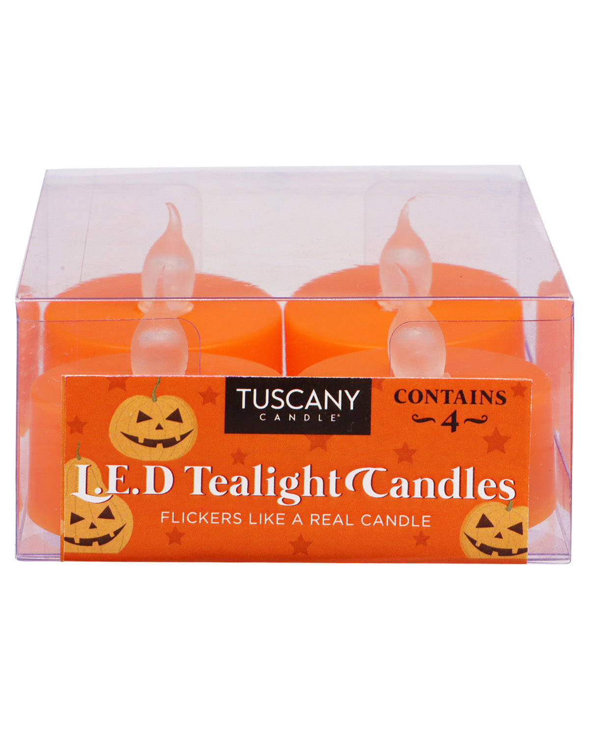 A 4-pack of Tuscany Candle LED tealight candles in an orange and clear plastic box with Halloween-themed jack-o'-lantern graphics.