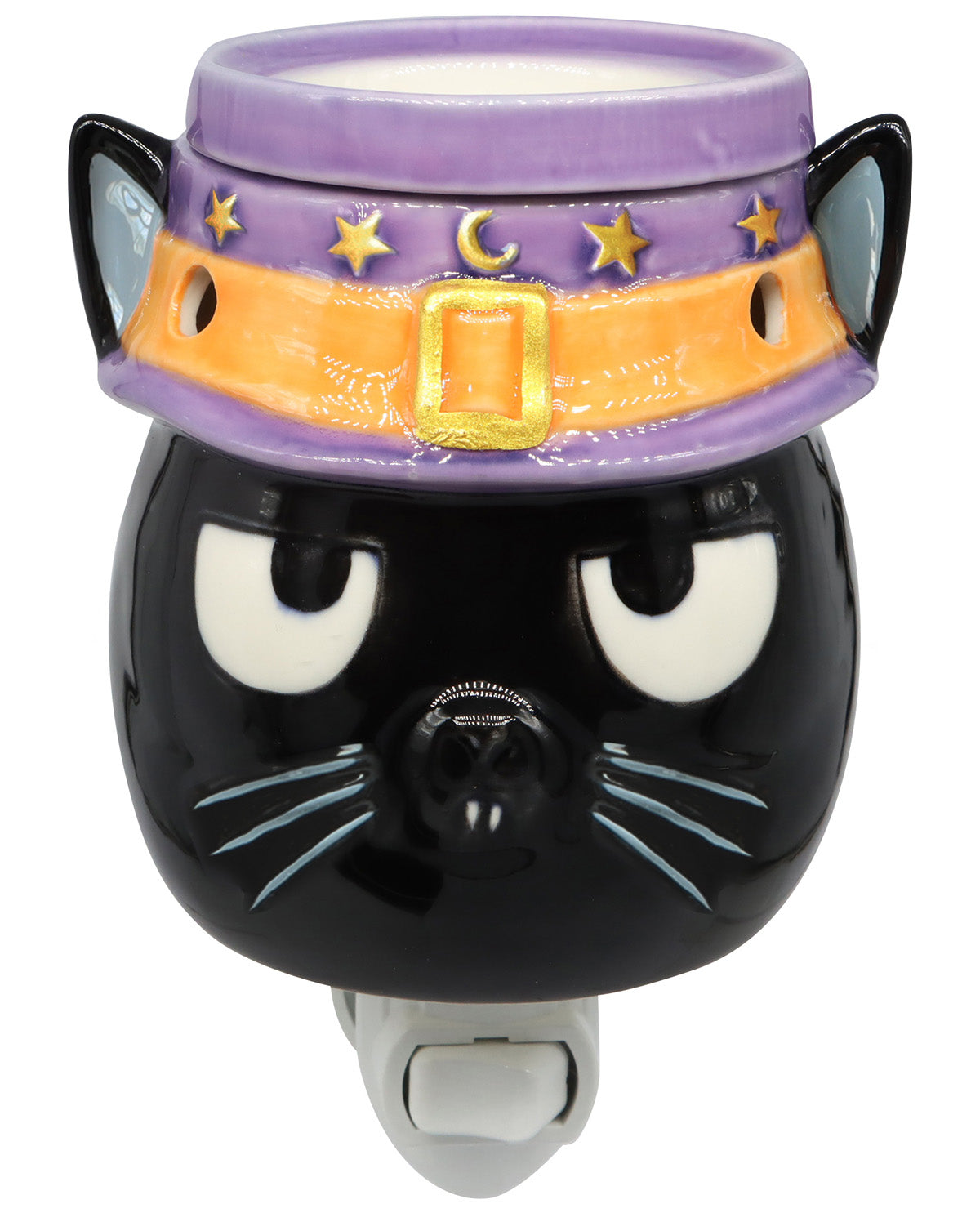 A black cat-shaped night light or candle holder with a purple witch hat, gold stars and buckle, and white eyes on a white background.