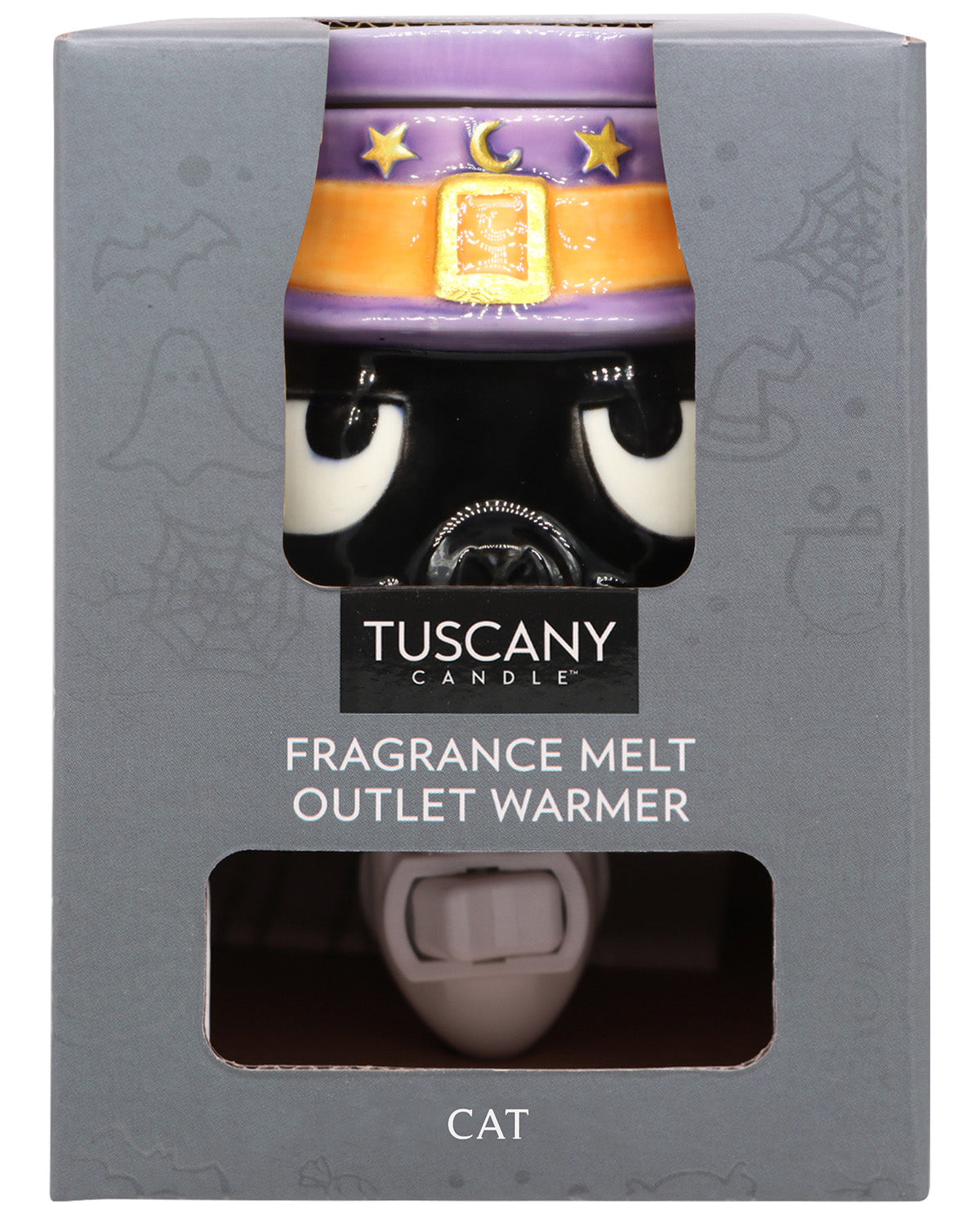 Tuscan Candle 'Cat' fragrance melt outlet warmer in its original gray packaging box, featuring a window displaying the black cat figurine wearing a purple and orange witch hat.