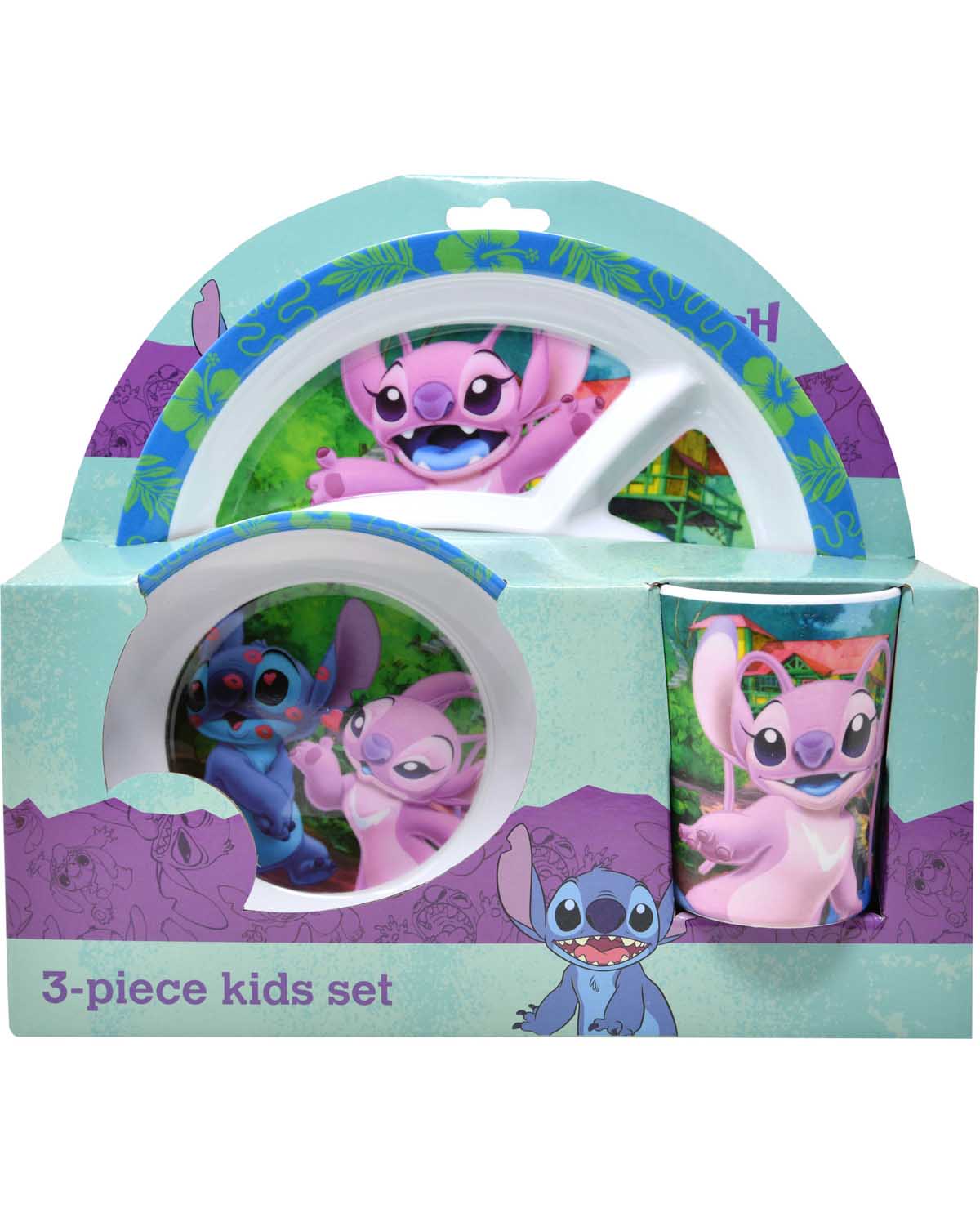 3-piece kids set with cartoon characters in packaging