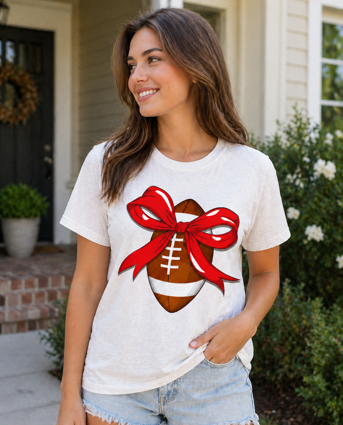Football Rhinestone Red Bow Short Sleeve Tee