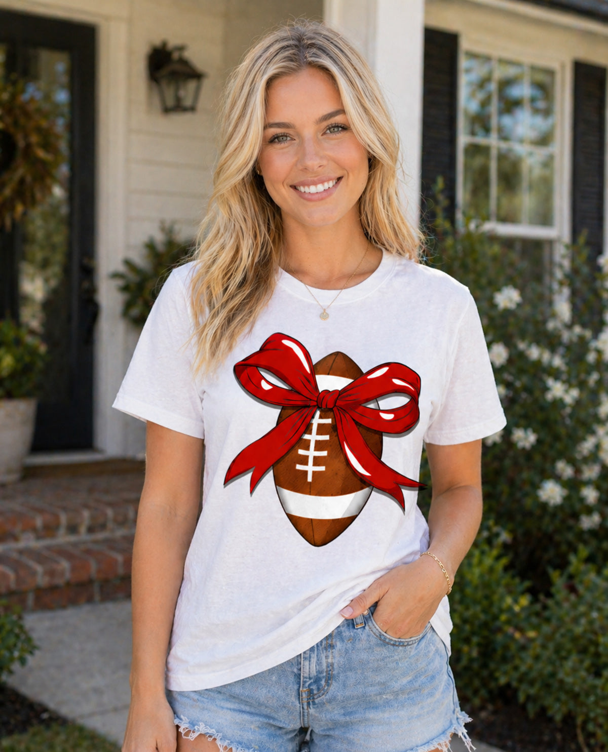 Football Rhinestone Crimson Bow Short Sleeve Tee