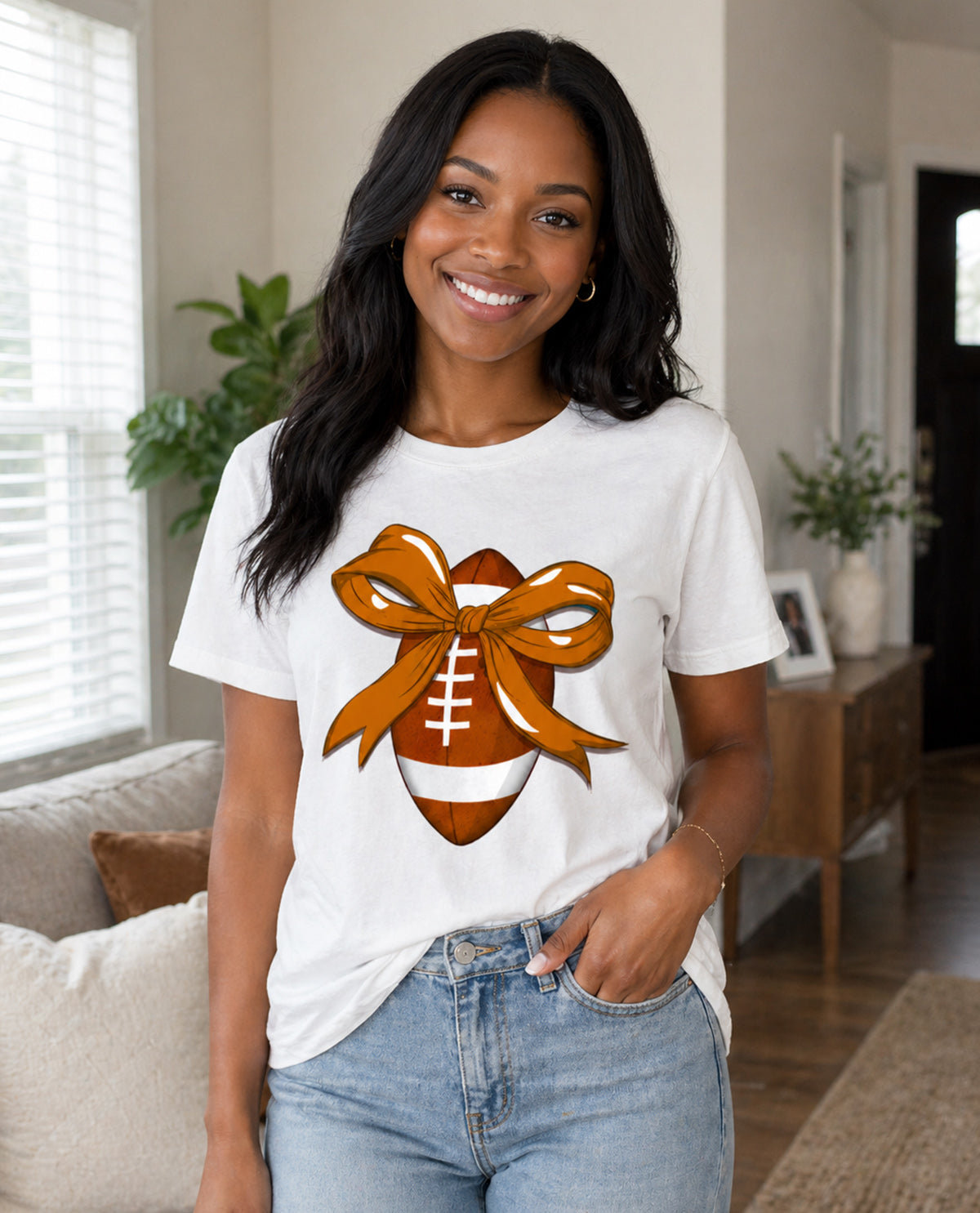 Football Rhinestone Orange Bow Short Sleeve Tee