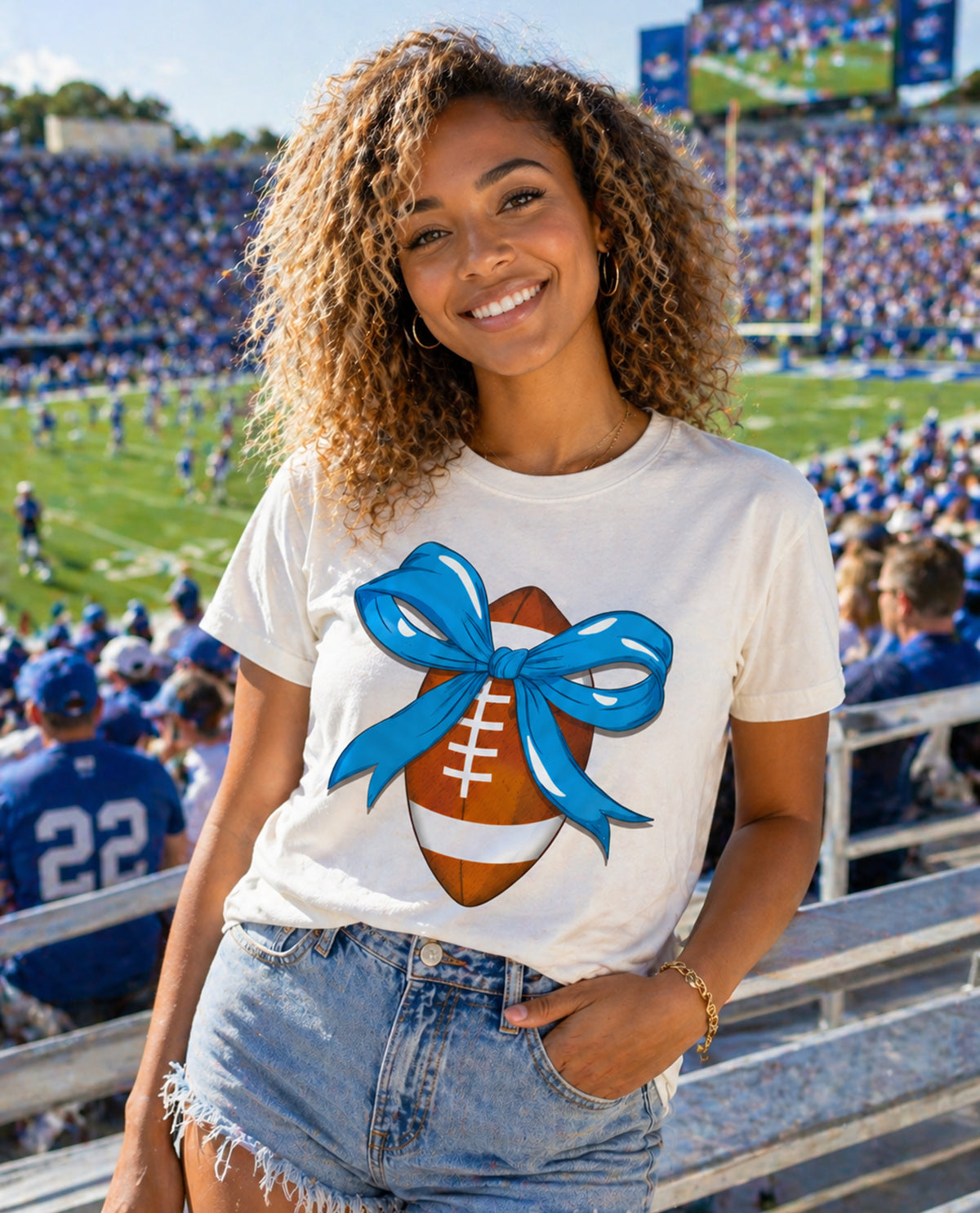 Football Rhinestone Carolina Blue Bow Short Sleeve Tee