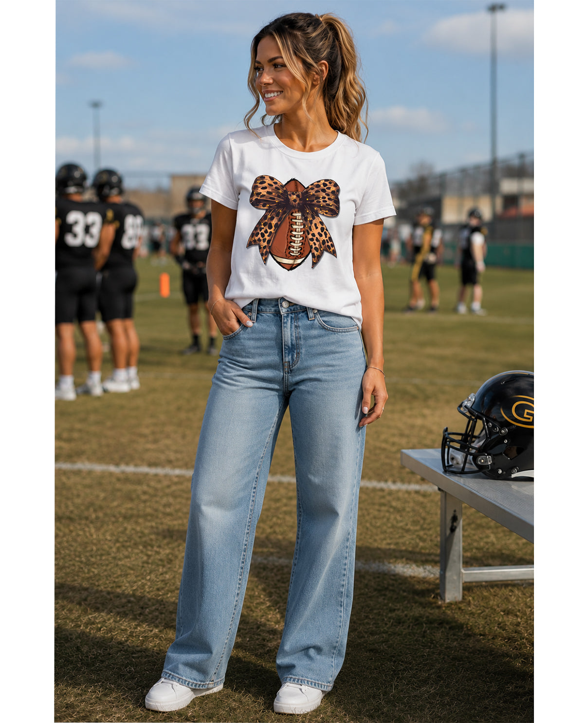 Football Rhinestone Cheetah Bow Short Sleeve Tee White