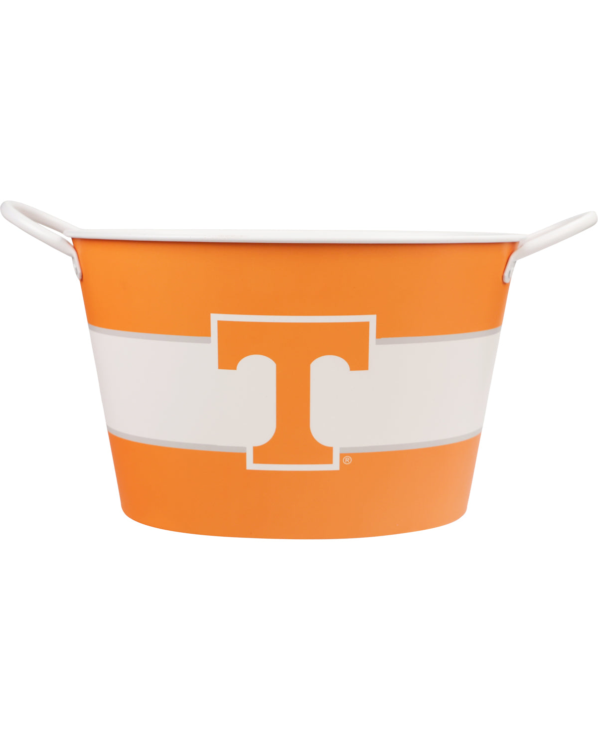 Orange bucket with a white band featuring a logo on a white background