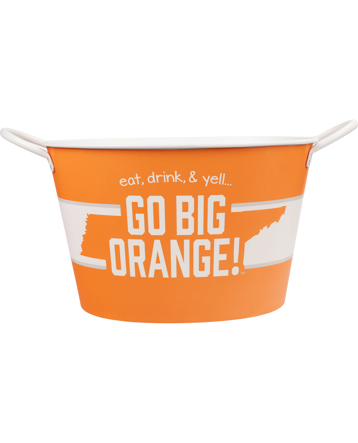 Orange bucket with 'eat, drink, & yell... GO BIG ORANGE!' text on a white background