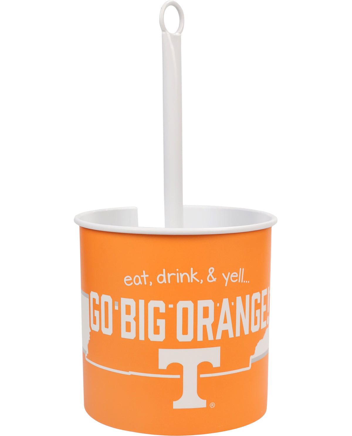 Orange cup with white interior, handle, and text on a white background