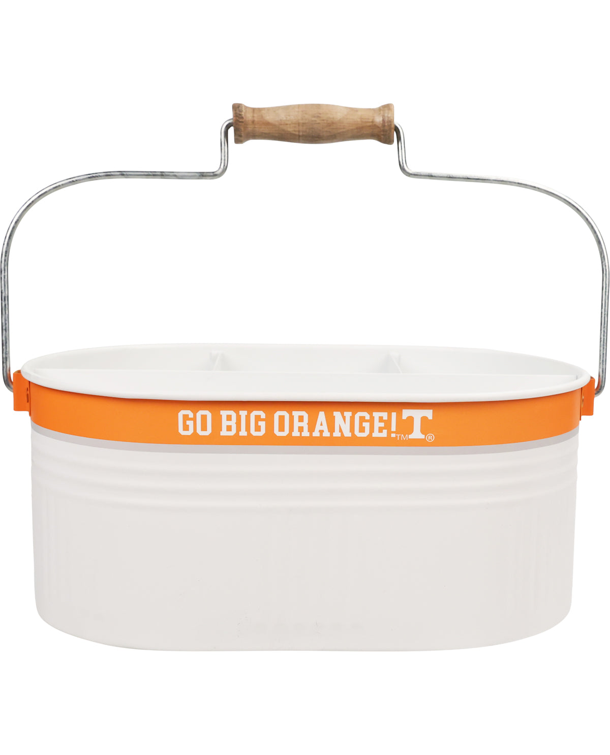 White bucket with orange handle and 'GO BIG ORANGE!' text on a white background