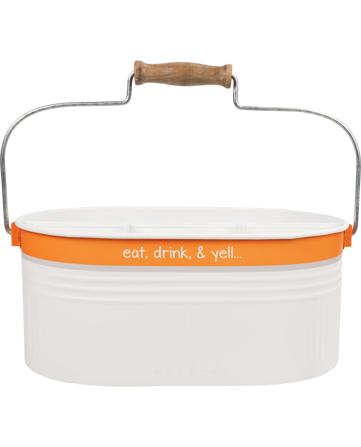 White bucket with orange handle and trim on a white background