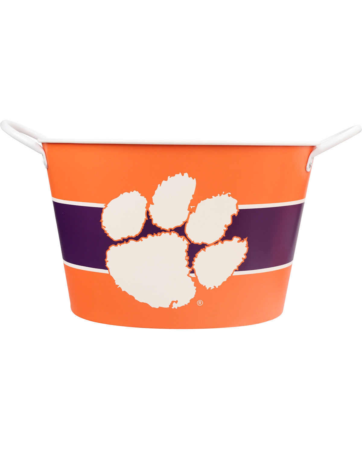 Orange bucket with a white paw print and purple stripe on a white background