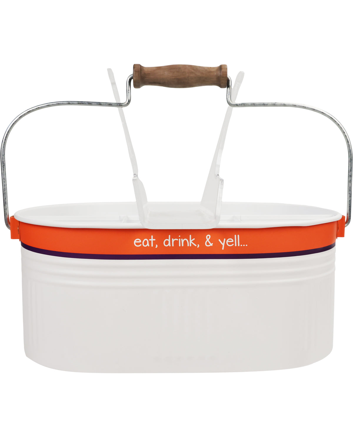 White bucket with orange handle and trim, featuring the text 'eat, drink, & yell...'.