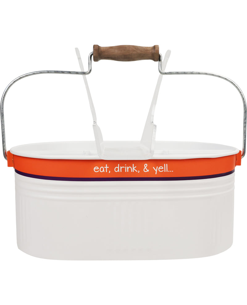 White bucket with orange handle and trim, featuring the text 'eat, drink, & yell...'.