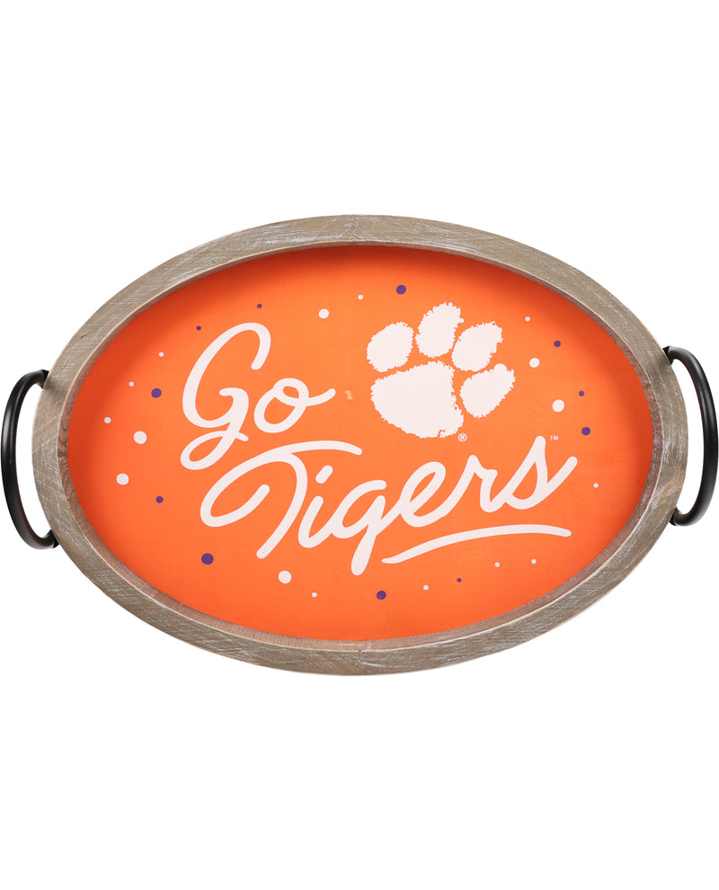 Decorative tray with 'Go Tigers' and paw print design on an orange background