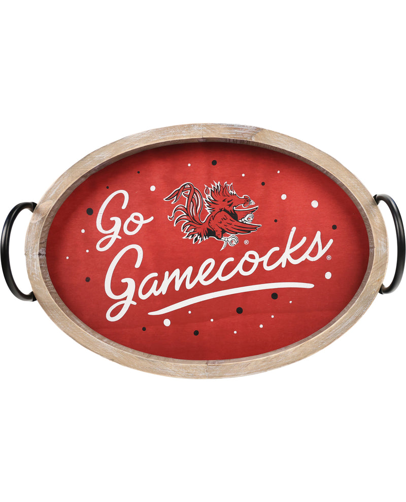 Oval tray with 'Go Gamecocks' text and logo on a red background