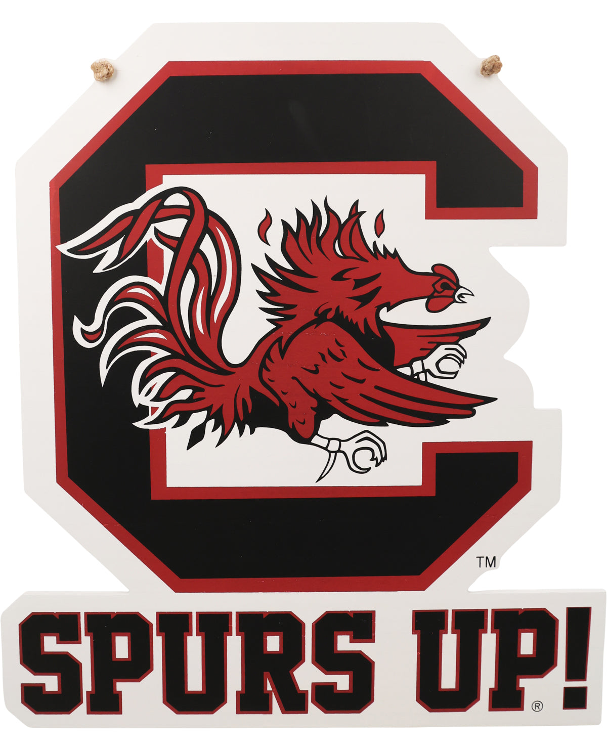Decorative sign with a red and black rooster logo and 'SPURS UP!' text on a white background.
