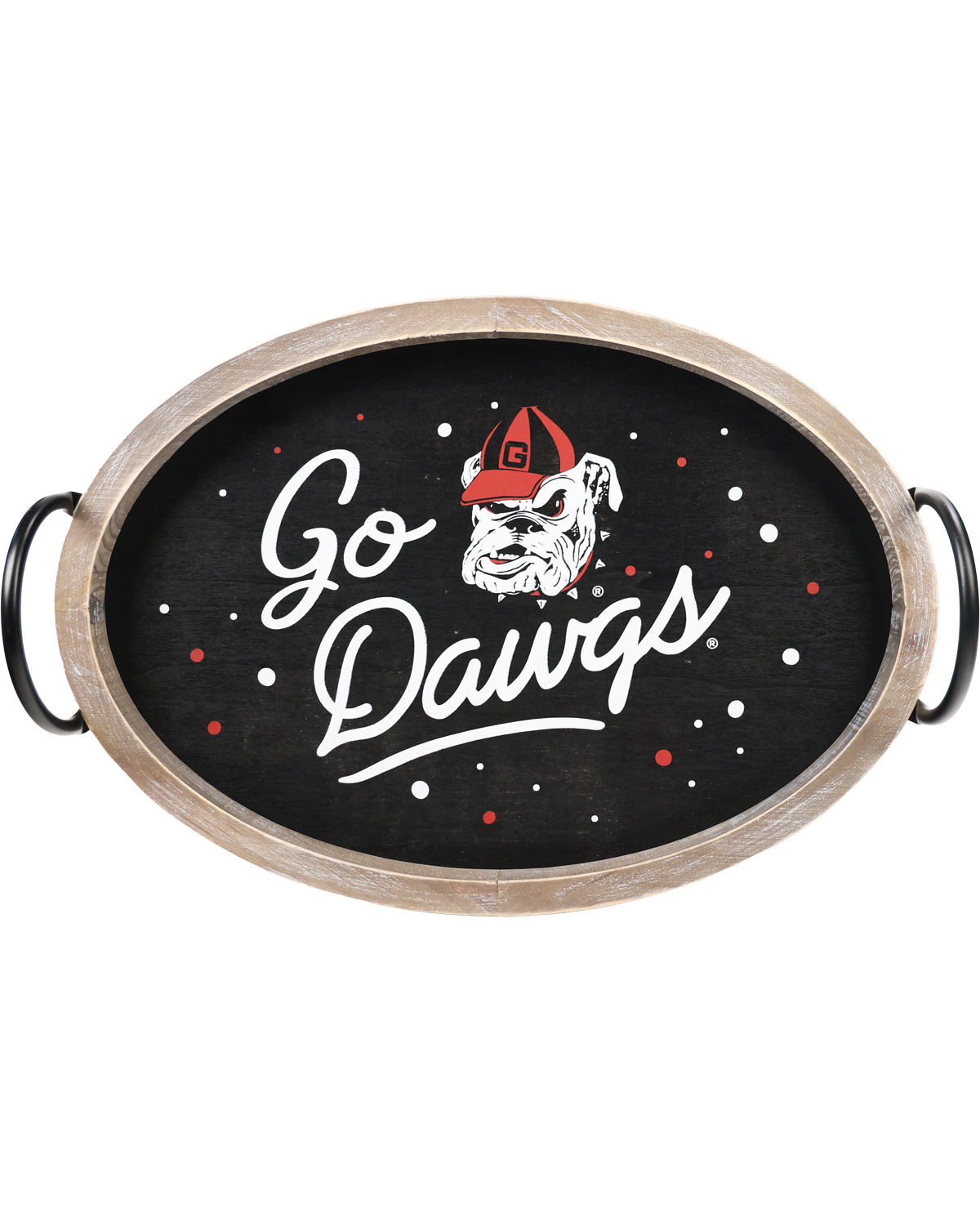 Decorative tray with 'Go Dawgs' text and bulldog logo on a black background