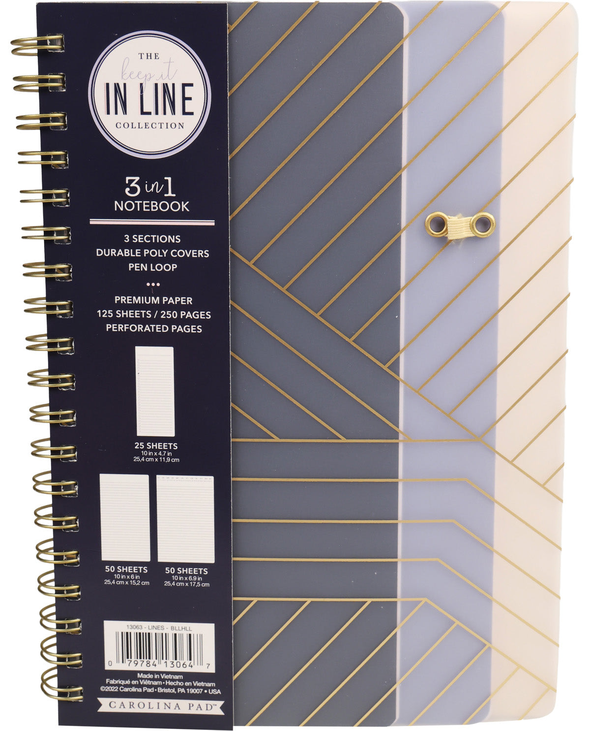 Three-section notebook with geometric pattern and 'In Line Collection' branding.