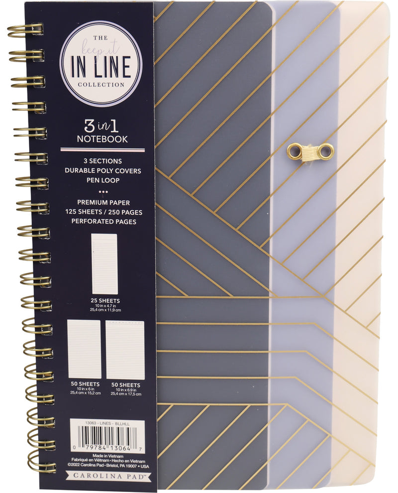 Three-section notebook with geometric pattern and 'In Line Collection' branding.
