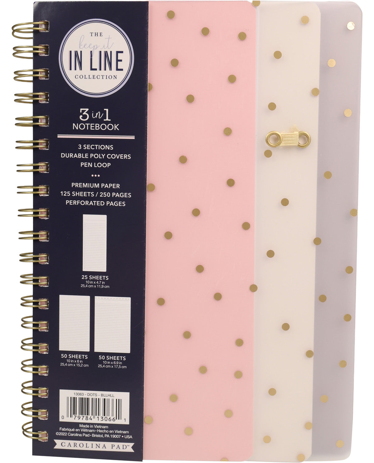 Three-section notebook with polka dot covers in pink, white, and gray on a blue spine.