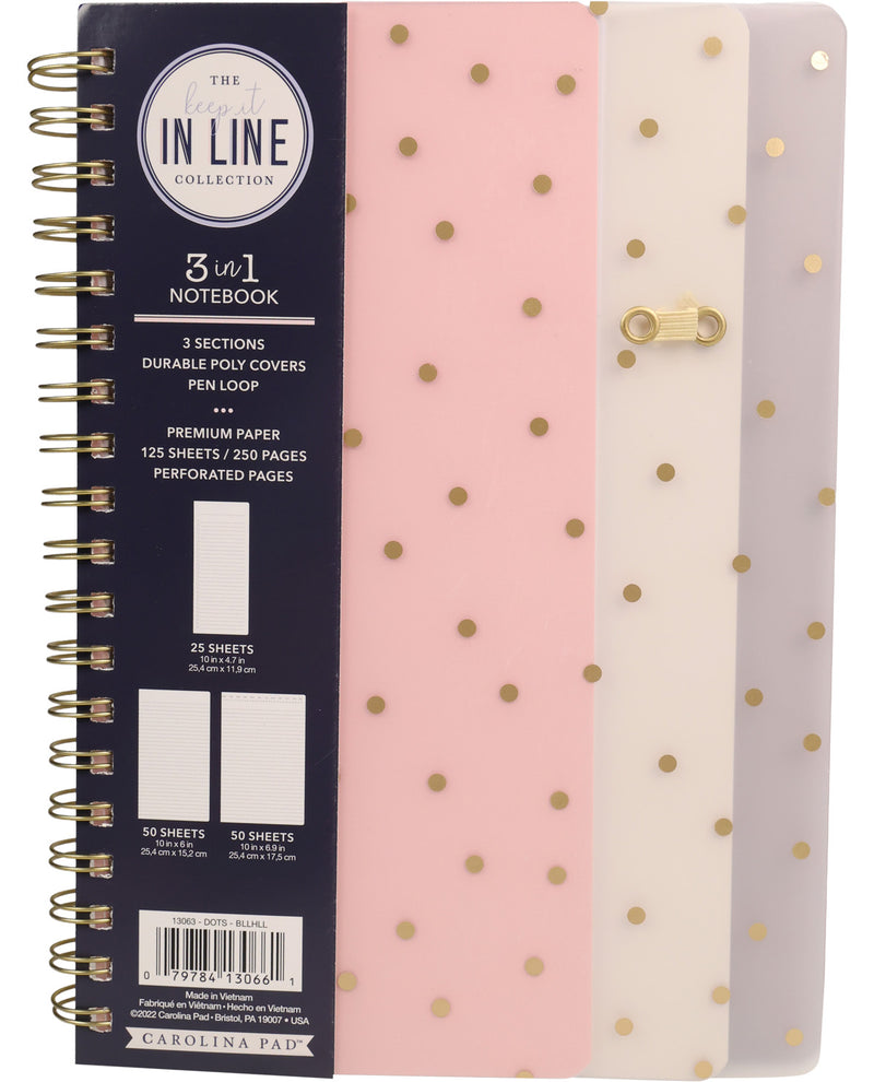 Three-section notebook with polka dot covers in pink, white, and gray on a blue spine.