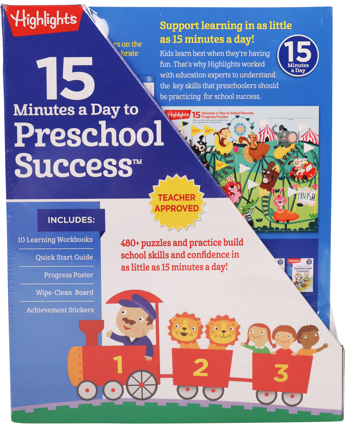 Book titled '15 Minutes a Day to Preschool Success' with colorful cover and train illustration.