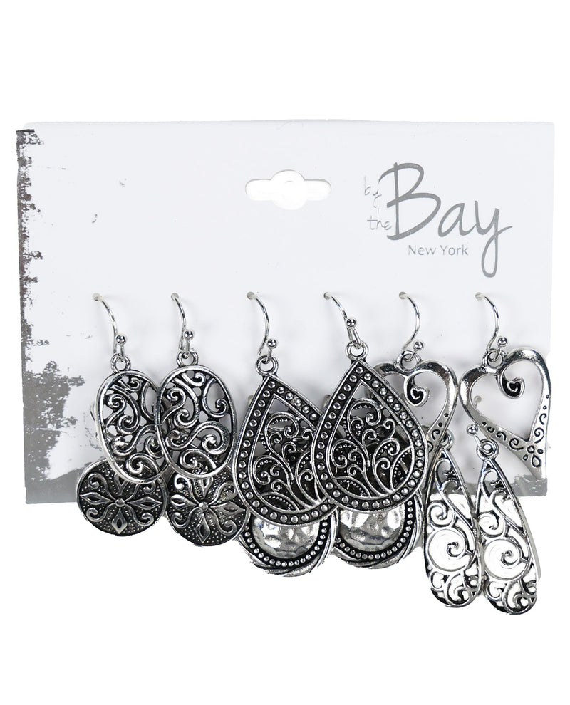 A set of six silver-toned filigree dangle earrings on a white display card with the brand name 'Bay New York' printed on it.