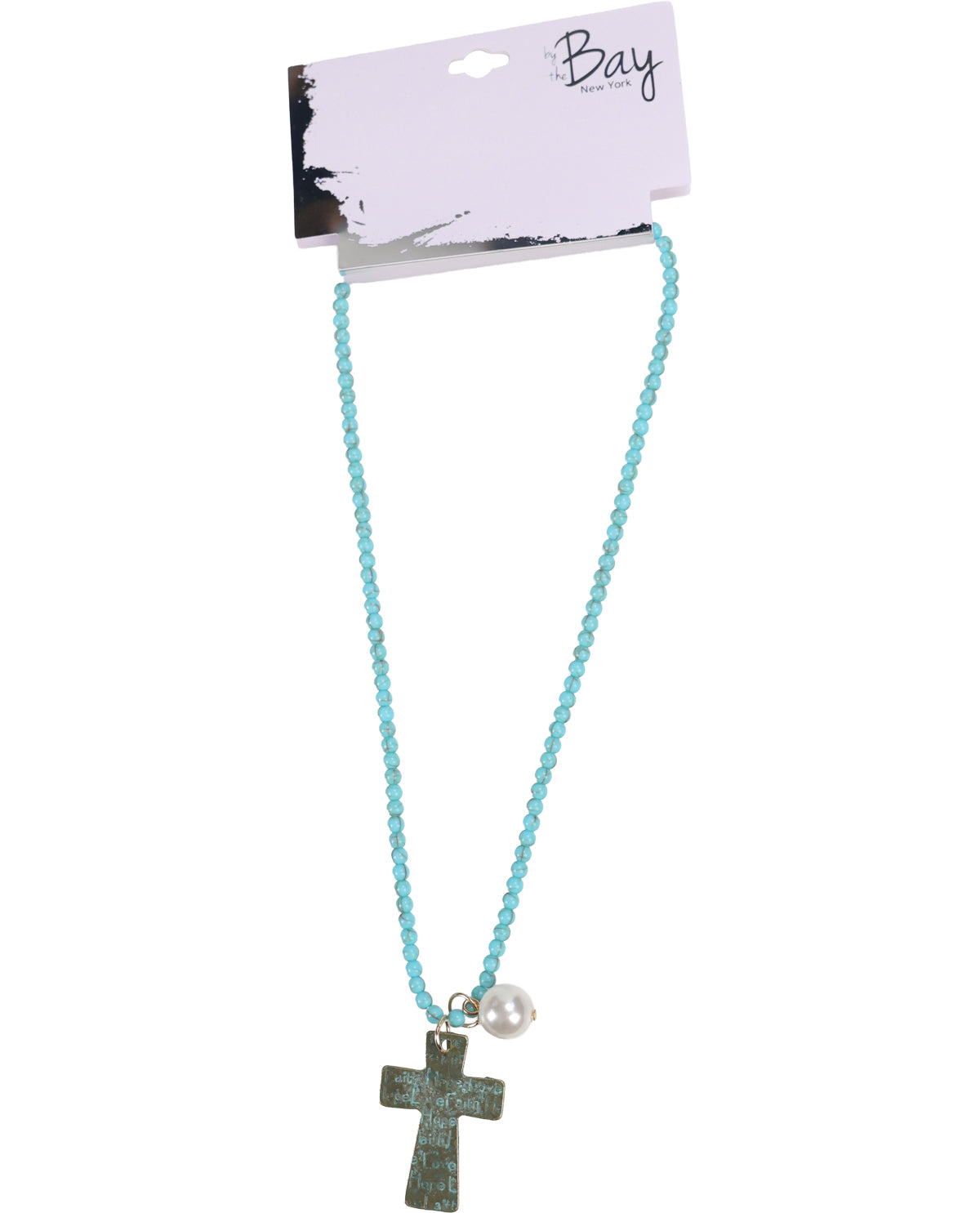 A turquoise blue beaded necklace with a textured dark green cross pendant and a small white pearl, displayed on a white card labeled 'Bay' against a white background.