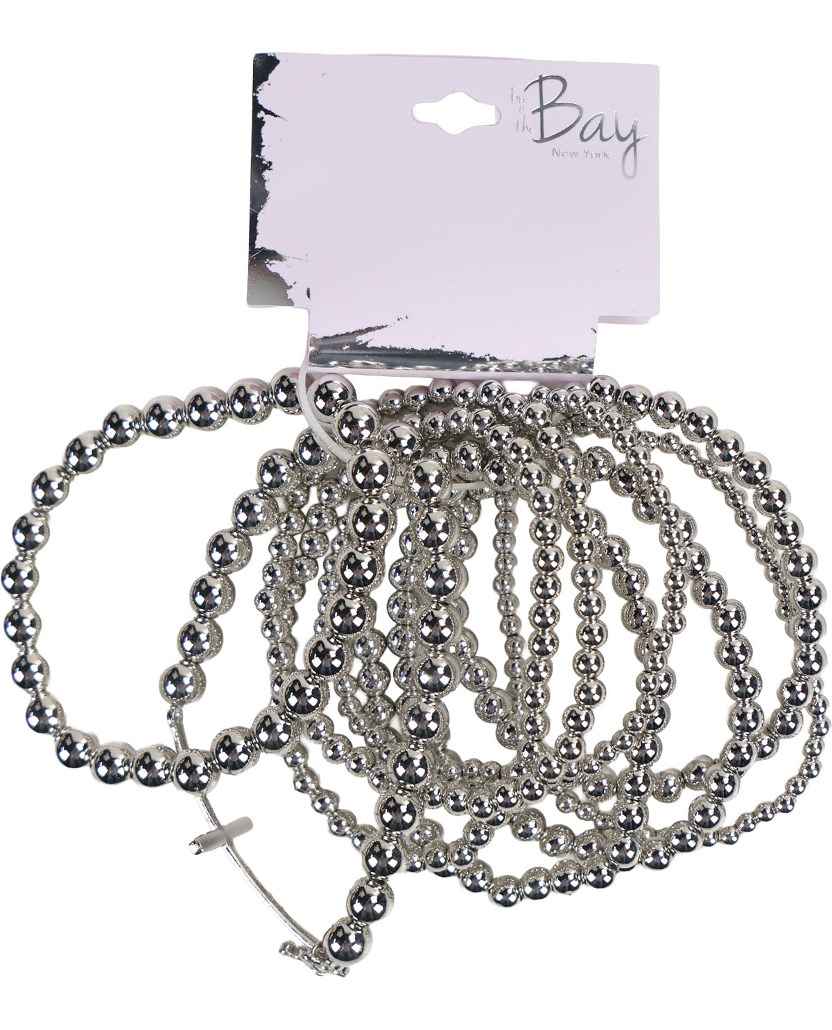 A set of silver beaded strands, likely necklaces or bracelets, coiled on a white display card labeled 'The Bay New York' against a white background.