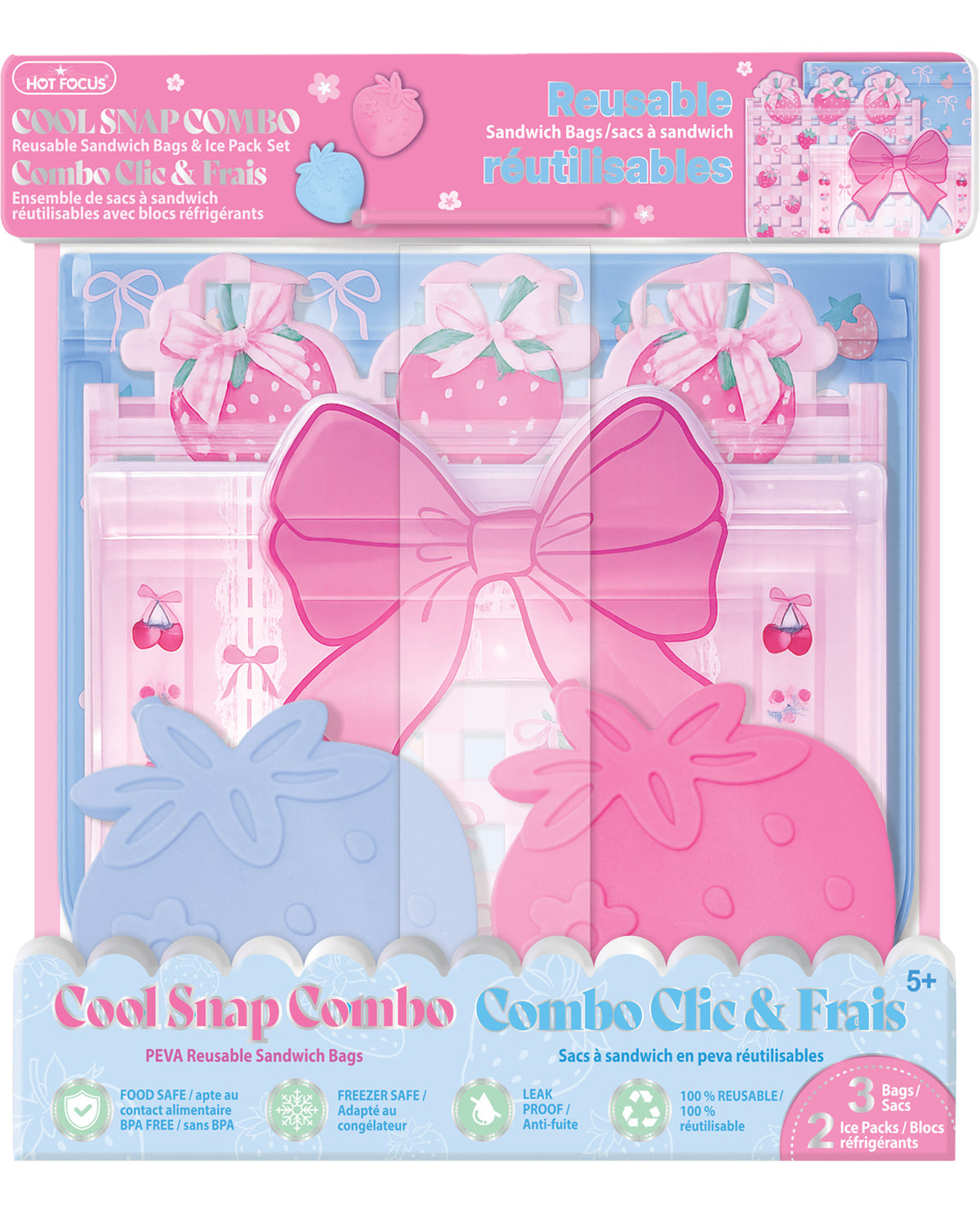 Packaged reusable sandwich bags with pink and blue designs featuring bows and fruit illustrations.