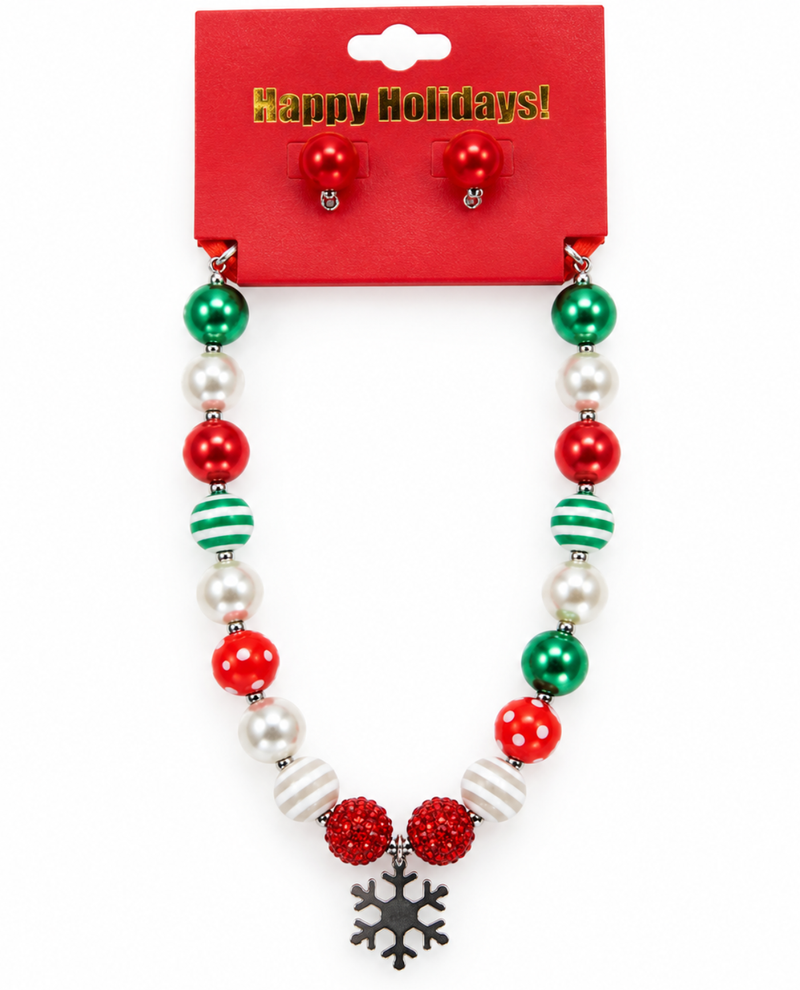 Ribbon & Bead Christmas Necklace Earring Set