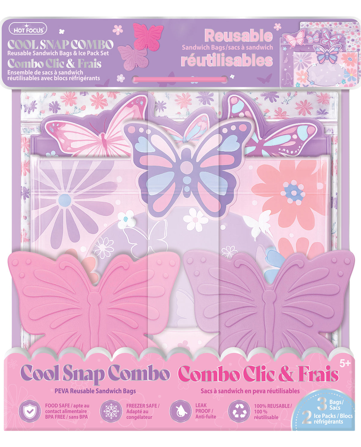 Packaging of Cool Snap Combo reusable sandwich bags with butterfly designs on a pink background
