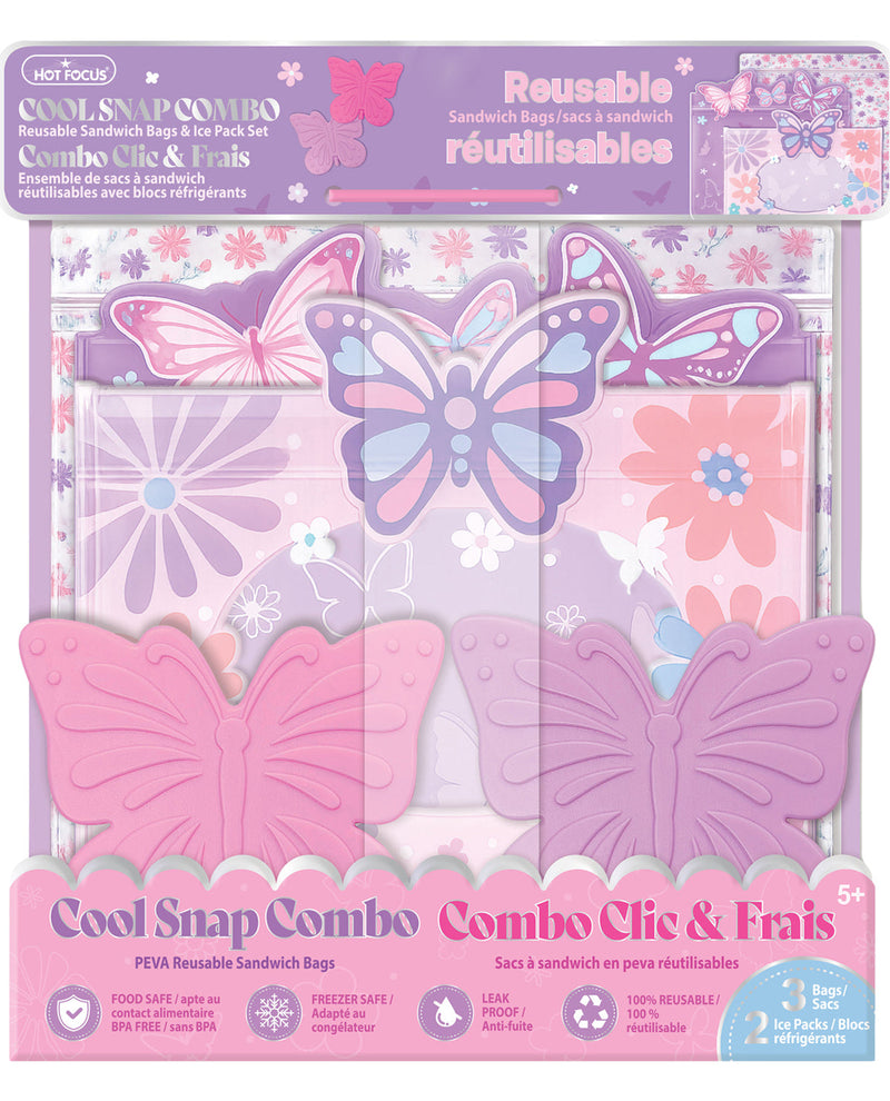 Packaging of Cool Snap Combo reusable sandwich bags with butterfly designs on a pink background