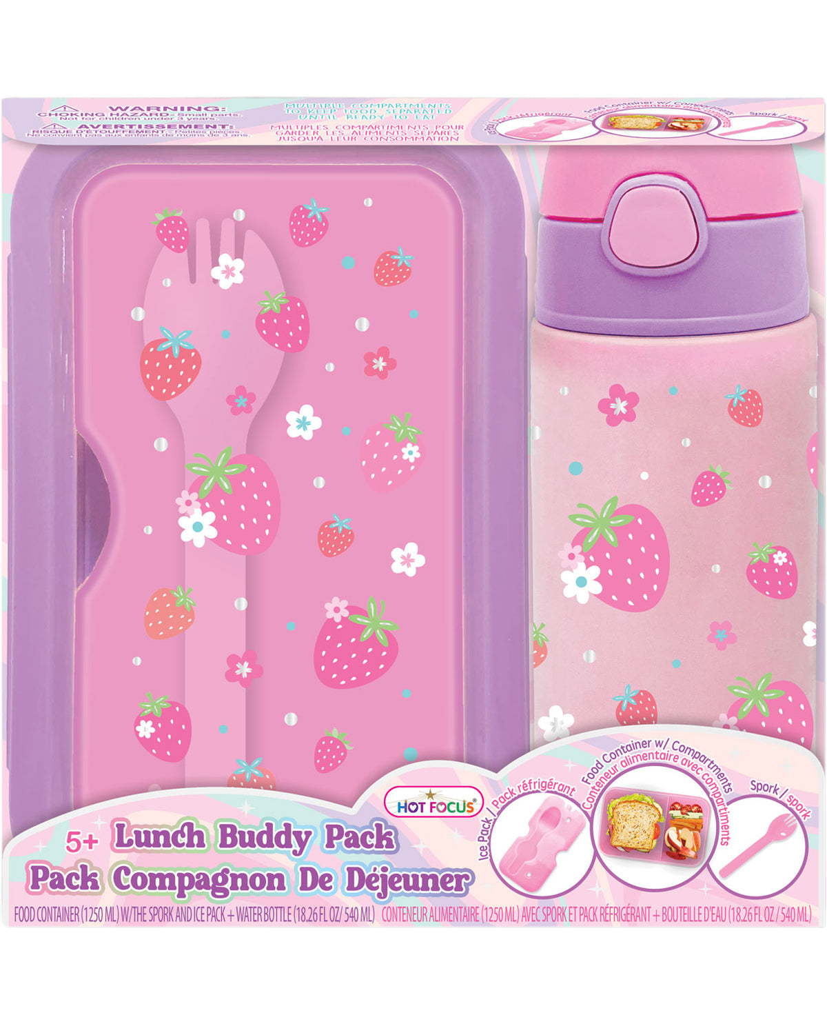 Pink lunch buddy pack with fork and bottle in packaging